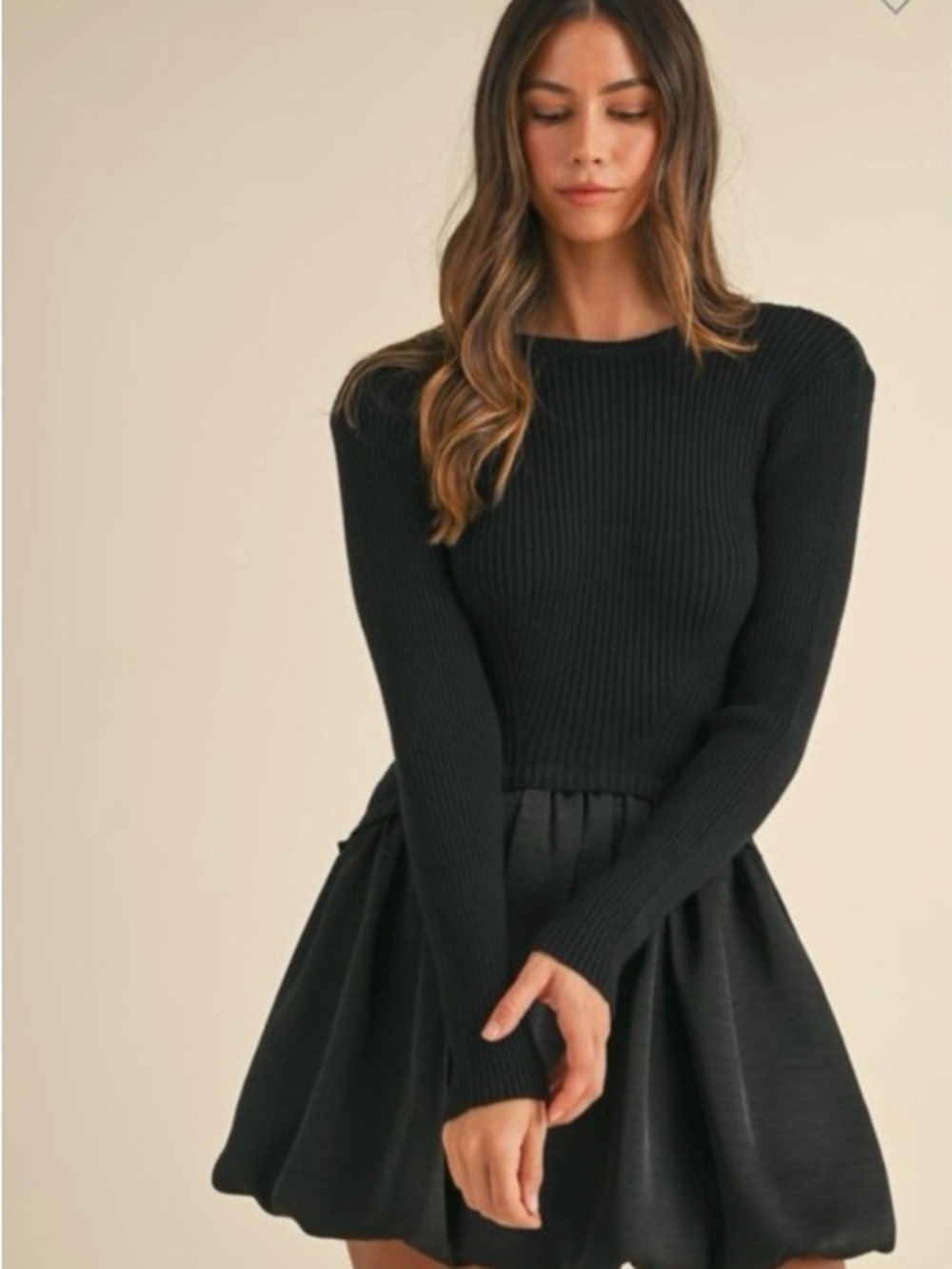 Black Ribbed Knit Long-Sleeve Mini Dress